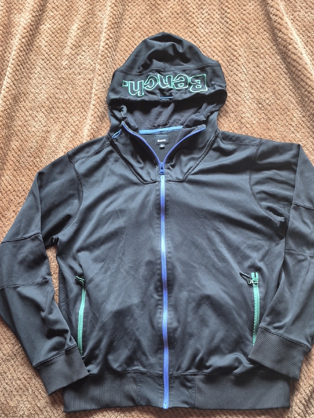 Bench Black Hooded Zip Jacket with Green Trim and Blue Zipper